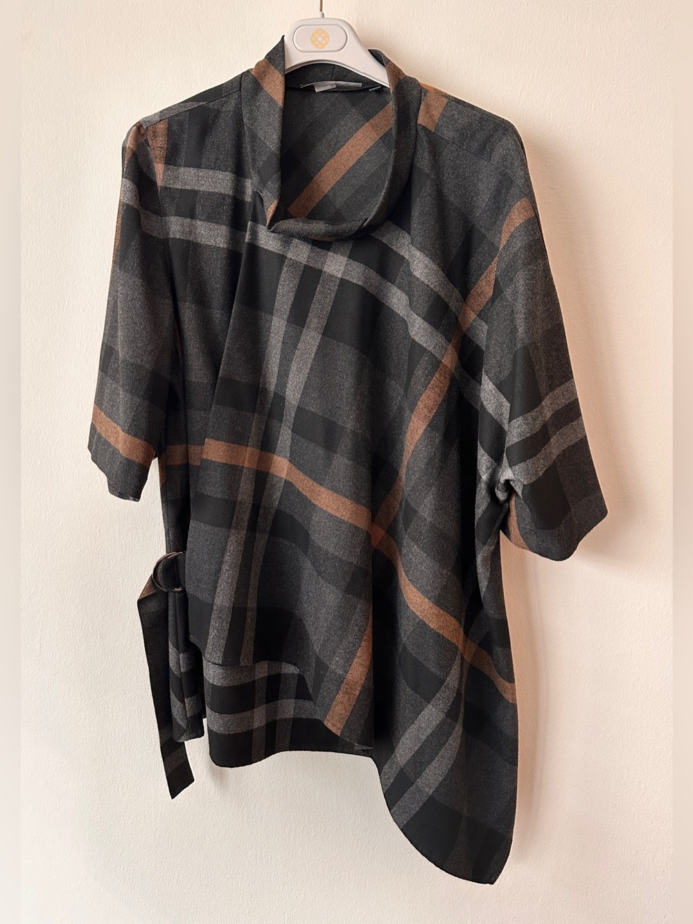 Per Se by Carlisle Plaid Asymmetrical Tunic Top in Black & Brown & Grey
